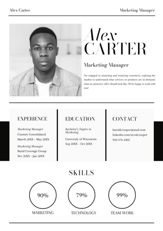 Skills and Experience of Marketing Manager with African American Man Resume Design Template