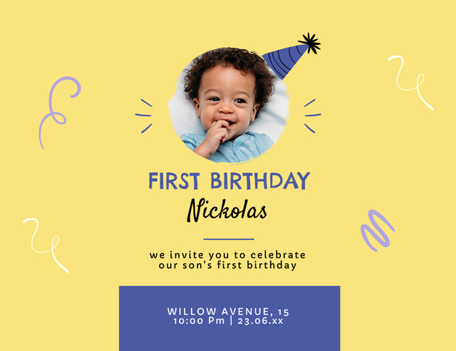 Modèle de visuel First Birthday of Little Boy Celebration Announcement - Invitation 13.9x10.7cm Horizontal