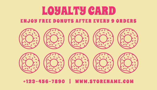 Donuts Discount and Loyalty Program on Yellow Business Card US Design Template