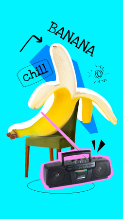 Plantilla de diseño de funny banana escalofriante con retro record player Instagram Story 