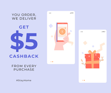 Plantilla de diseño de #StayHome Cashback services Screens with gifts Facebook 