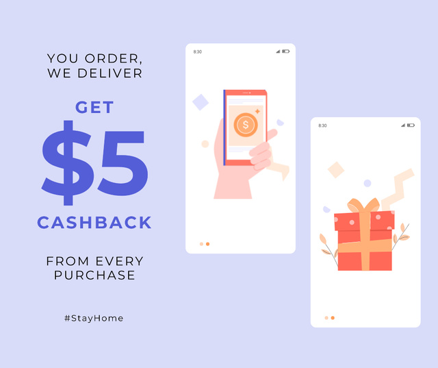 Ontwerpsjabloon van Facebook van #StayHome Cashback services Screens with gifts