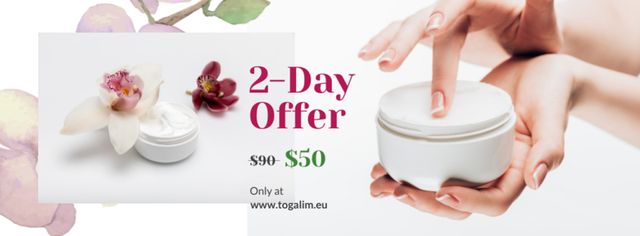Plantilla de diseño de Cosmetics Sale with Woman Applying Cream Facebook cover 