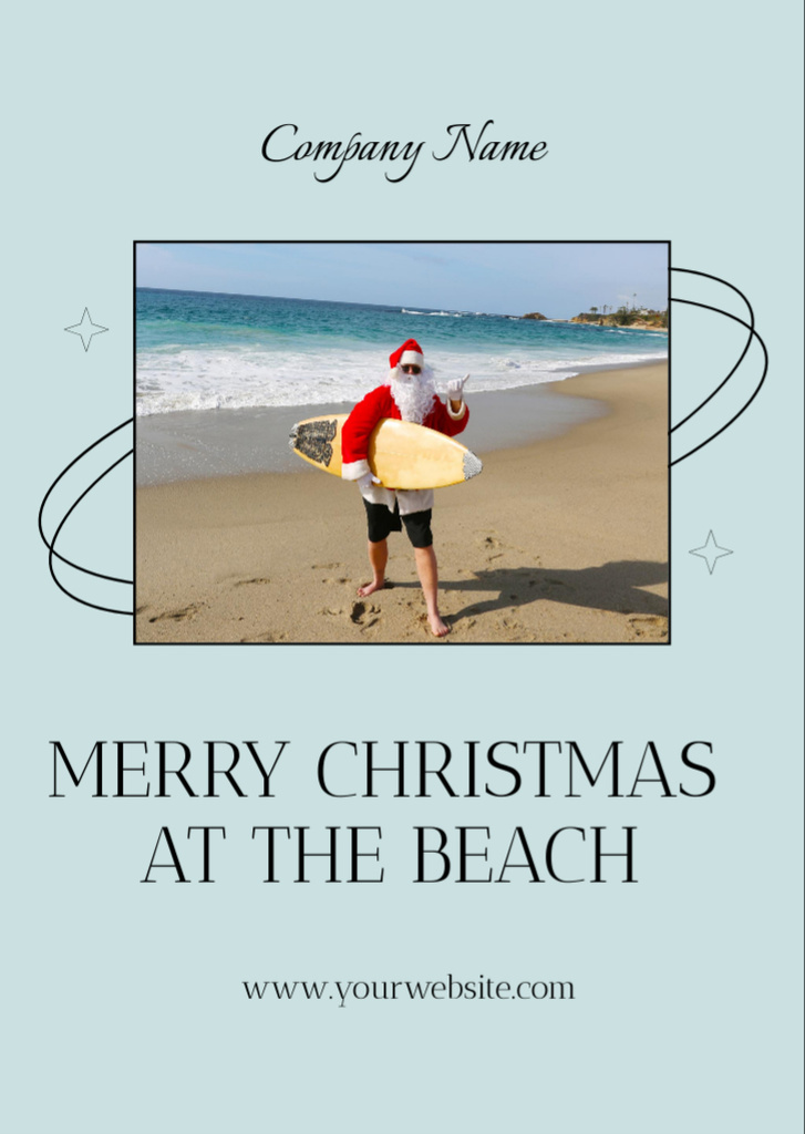Ontwerpsjabloon van Flyer A6 van Santa Claus on Beach with Surfboard