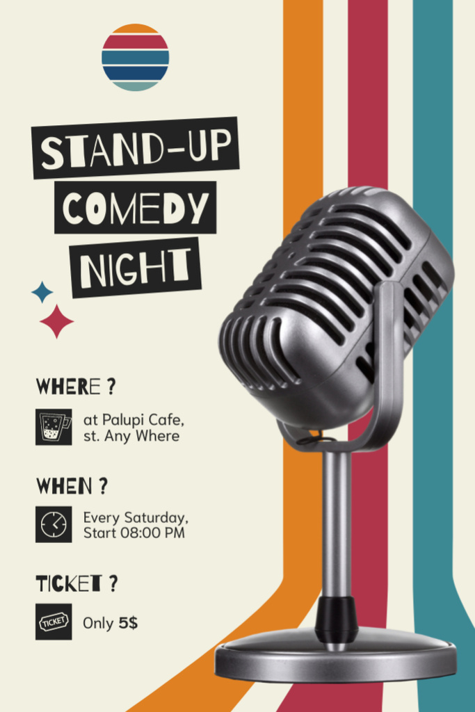 Plantilla de diseño de Comedy Show Night with Microphone and Bright Stripes Tumblr 