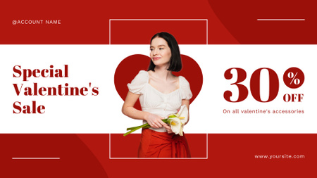 Ontwerpsjabloon van FB event cover van Valentijnsdag speciale verkoop met aantrekkelijke donkerbruine vrouw met bloemen
