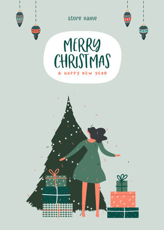 Christmas and New Year Greetings with Cute Illustration Postcard A6 Vertical Design Template