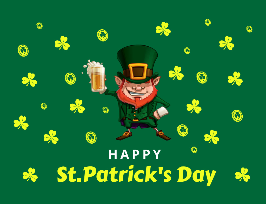 Happy St. Patrick's Day Greeting with Illustration of Leprechaun Thank You Card 5.5x4in Horizontal Modelo de Design