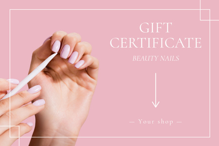 Beauty Nail Services Ad with Woman Using Nail File Gift Certificate Design Template