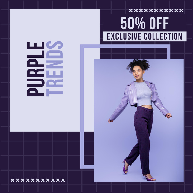 Purple Fashion Trends Ad With Discounts For Outfits Collection Instagram Design Template