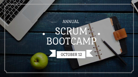 Plantilla de diseño de anuncio de scrum bootcamp con ordenador portátil en la mesa FB event cover 