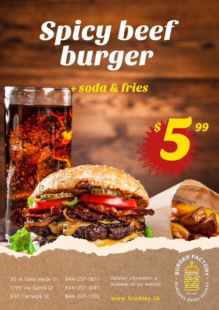 Fast Food Menu Offer with Burger and French Fries Poster Design Template