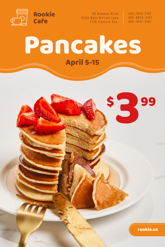 Cafe Promotion with Stack of Pancakes and Strawberries Pinterestデザインテンプレート