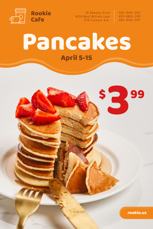 Designvorlage Cafe Promotion mit Stapel Pfannkuchen und Erdbeeren für Pinterest