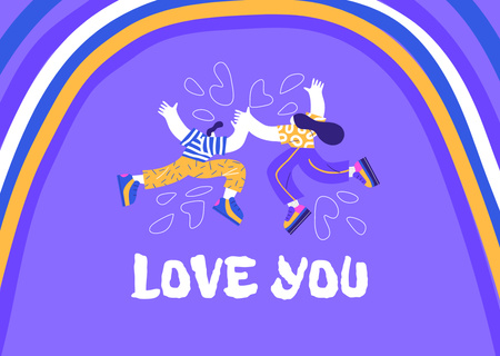 Designvorlage Love Phrase with Cute Couple and Rainbow für Card