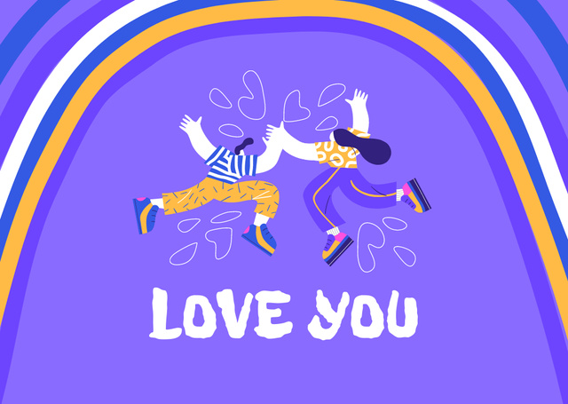 Love Phrase with Cute Couple and Rainbow Card Design Template