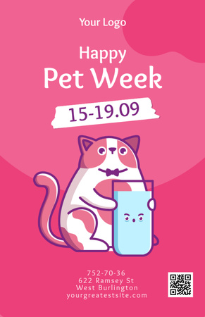 Pet Week Greetings With Fluffy Cat In Pink Invitation 5.5x8.5in Design Template