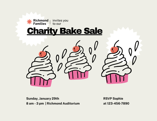 Charity Bakery Sale With Illustrated Cupcakes Invitation 13.9x10.7cm Horizontal Design Template