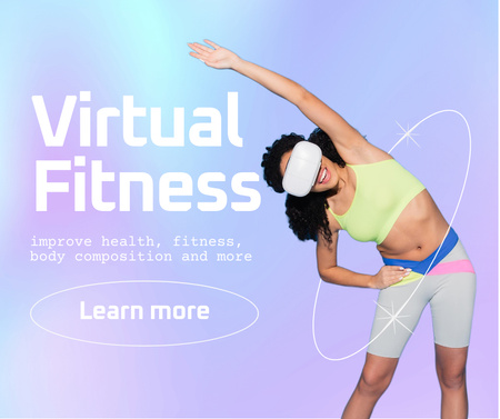 Virtual Reality Fitness Ad with Woman doing Exercises Facebook Design Template