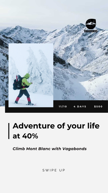 Tour Offer Climber Walking on Snowy Peak Instagram Video Story Design Template