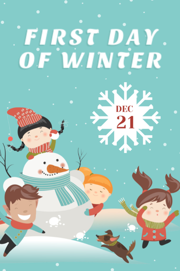 First Day Of Winter With Cute Kids And Snowman Postcard 4x6in Vertical Modelo de Design