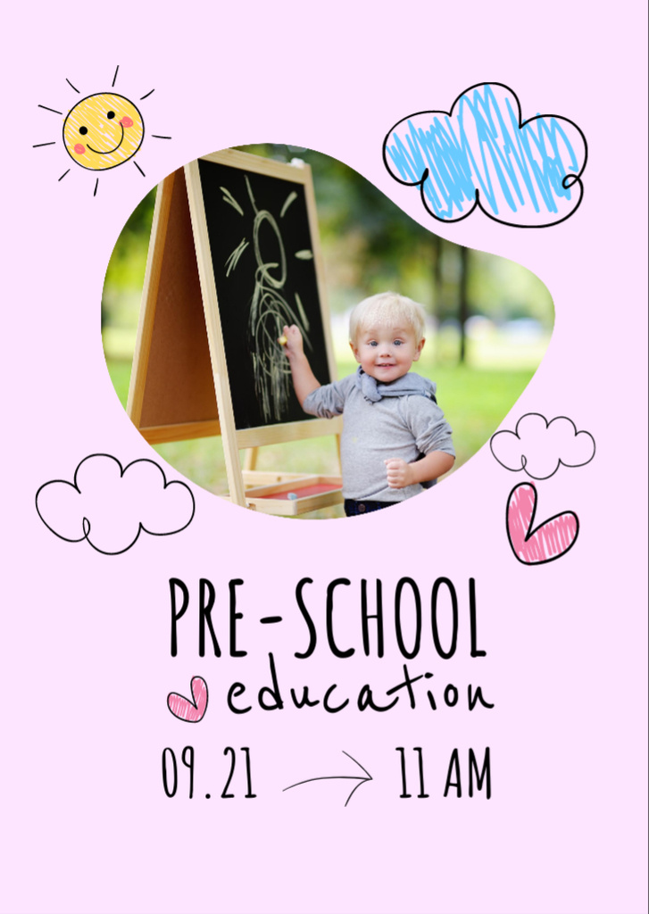 School Apply Announcement with Little Boy drawing on Board Flyer A6 Modelo de Design