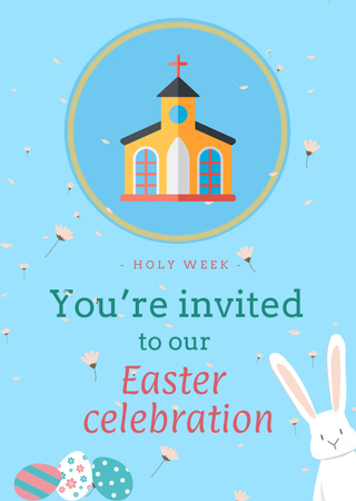 Easter Religious Service Invitation with Cute Rabbit Flyer A6 Design Template