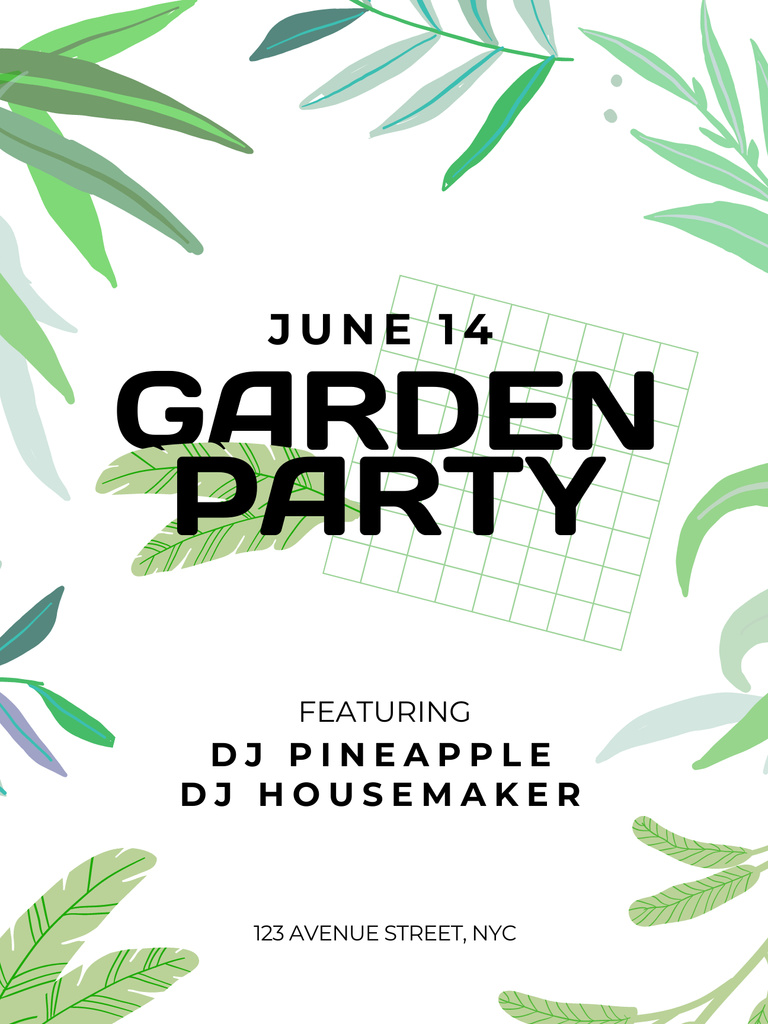 Garden Party Ad with Green Leaves Poster US Design Template