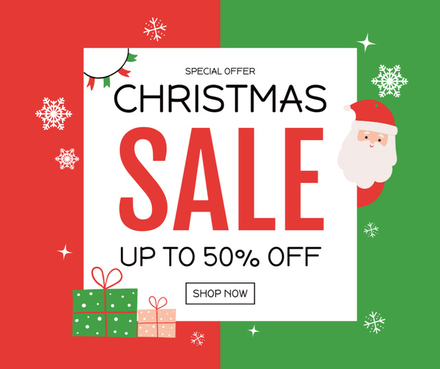 Christmas Sale Ad with Santa Claus and Gifts Boxes Facebook Design Template