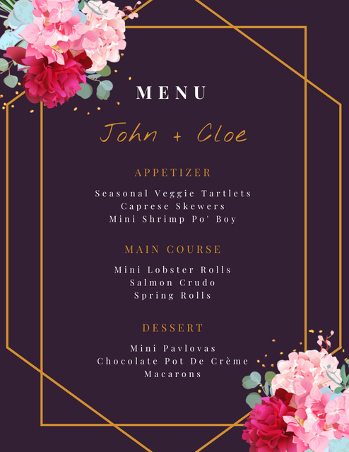 Dark Purple Wedding Foods List with Peonies Menu 8.5x11in tervezősablon
