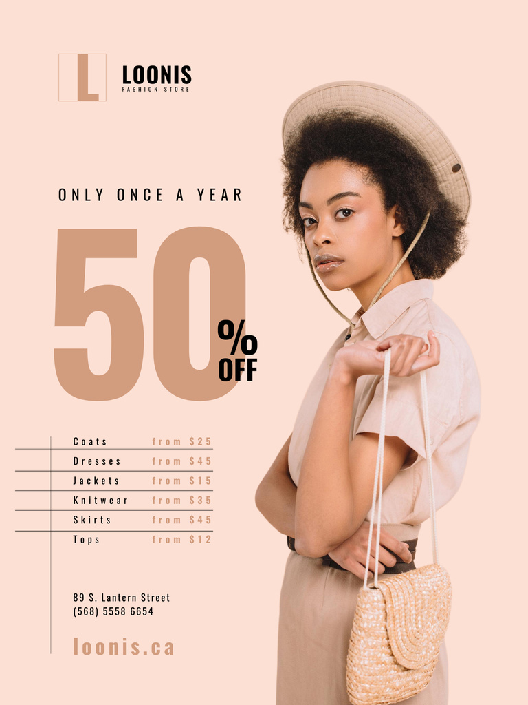 Ontwerpsjabloon van Poster US van Fashion Store Sale with Woman in Trendy Summer Wear