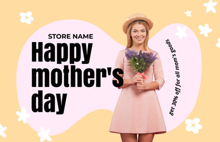 Happy Woman with Purple Flowers on Mother's Day Thank You Card 5.5x8.5in – шаблон для дизайну