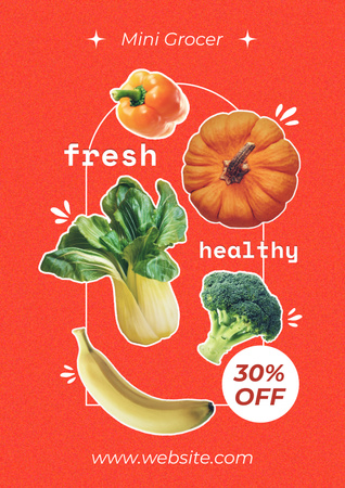 Healthy Fruits And Veggies Sale Offer In Red Poster Design Template