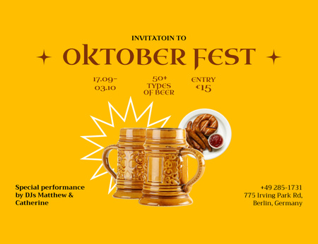 Sosis ve Bira İle Oktoberfest Kutlaması Invitation 13.9x10.7cm Horizontal Tasarım Şablonu