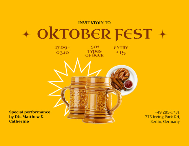 Ontwerpsjabloon van Invitation 13.9x10.7cm Horizontal van Oktoberfest Celebration With Sausages And Beer
