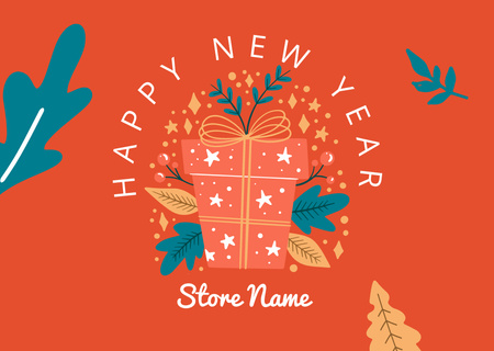 Happy New Year Wishes with Illustrated Present Postcard Design Template