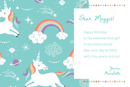Ontwerpsjabloon van Postcard 4x6in van Happy Birthday Greeting with Magical Unicorns