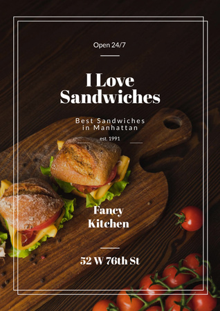 Designvorlage Fresh Tasty Sandwiches on Wooden Board für Poster