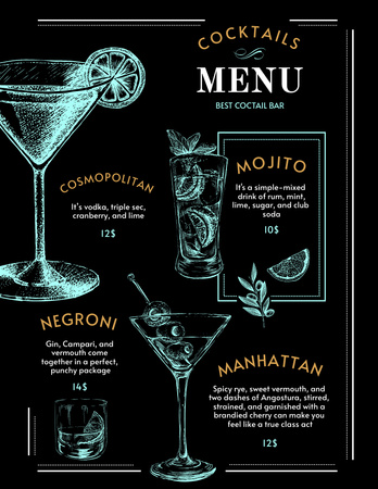 Cocktails Stylish Black Description With Prices Menu 8.5x11in – шаблон для дизайну