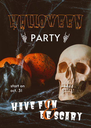 Halloween Party Announcement with Skull and Pumpkins Poster Design Template