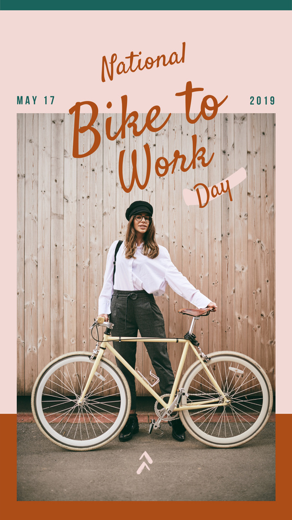 Bike to Work Day Girl with bicycle in city Instagram Story – шаблон для дизайна