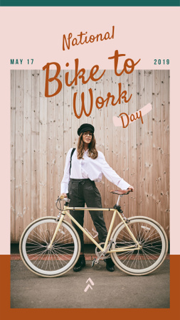 Bike to Work Day Girl with bicycle in city Instagram Story Design Template