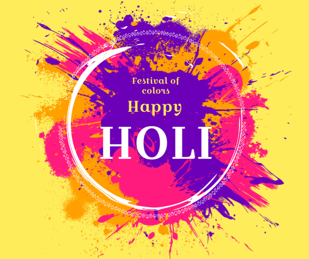 Indian Holi Festival Celebration with Bright Splashes on Yellow Facebookデザインテンプレート