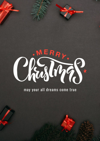 Elegant Christmas Holiday Greeting With Presents In Black Postcard 5x7in Vertical Design Template