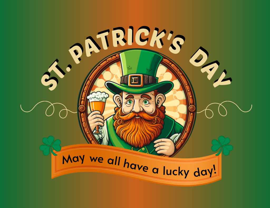 Patrick's Day Greeting with Red Bearded Leprechaun Thank You Card 5.5x4in Horizontal Design Template