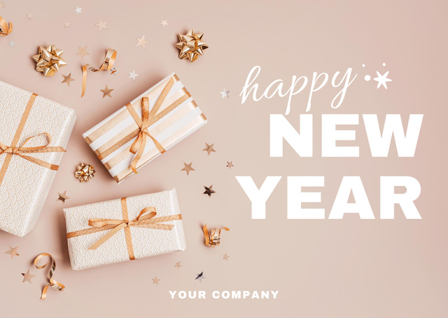 New Year Greetings with Presents and Decorations Postcard Design Template