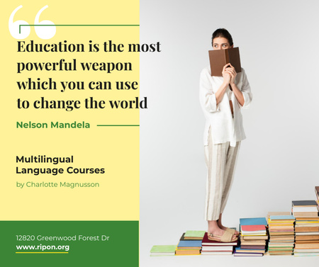 Education Quote Smiling Woman with Books Facebook Design Template