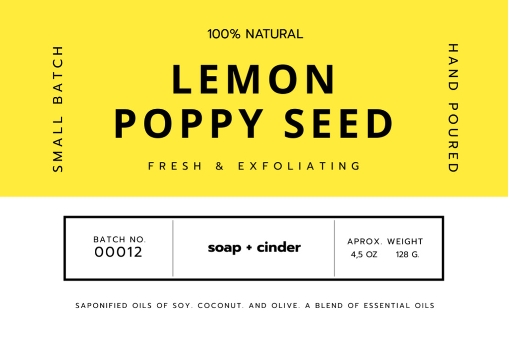 Hand Poured Lemon and Poppy Seeds Soap Label Πρότυπο σχεδίασης