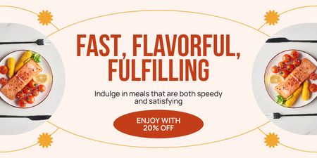 Discount in Fast Casual Restaurant with Delicious Dish Twitter Design Template