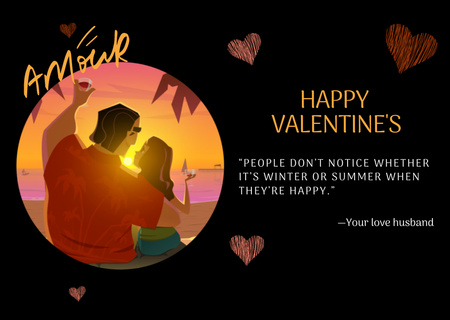 Happy Valentine's Day Greetings with Couple in Love at Sunset Card Design Template